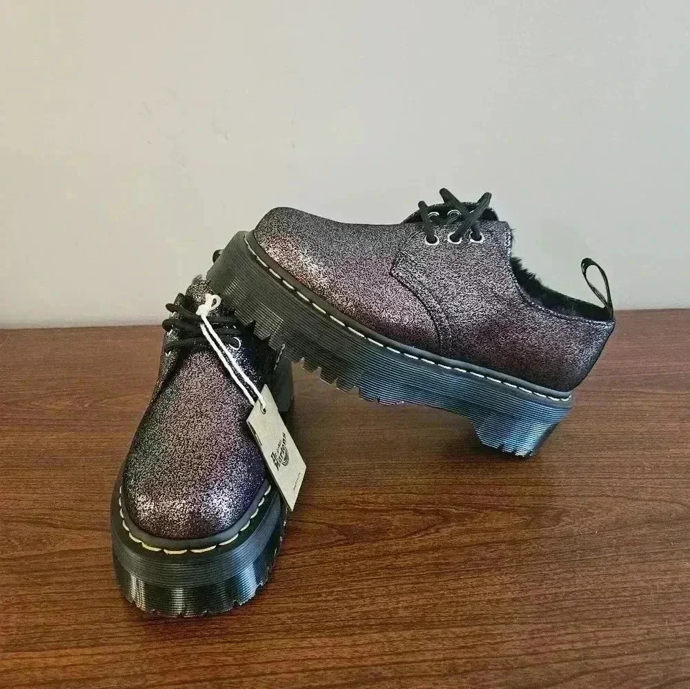 Dr. Martin's  1461 Quad Platform Derby Faux Fur Lined Shimmered Metallic Size 7